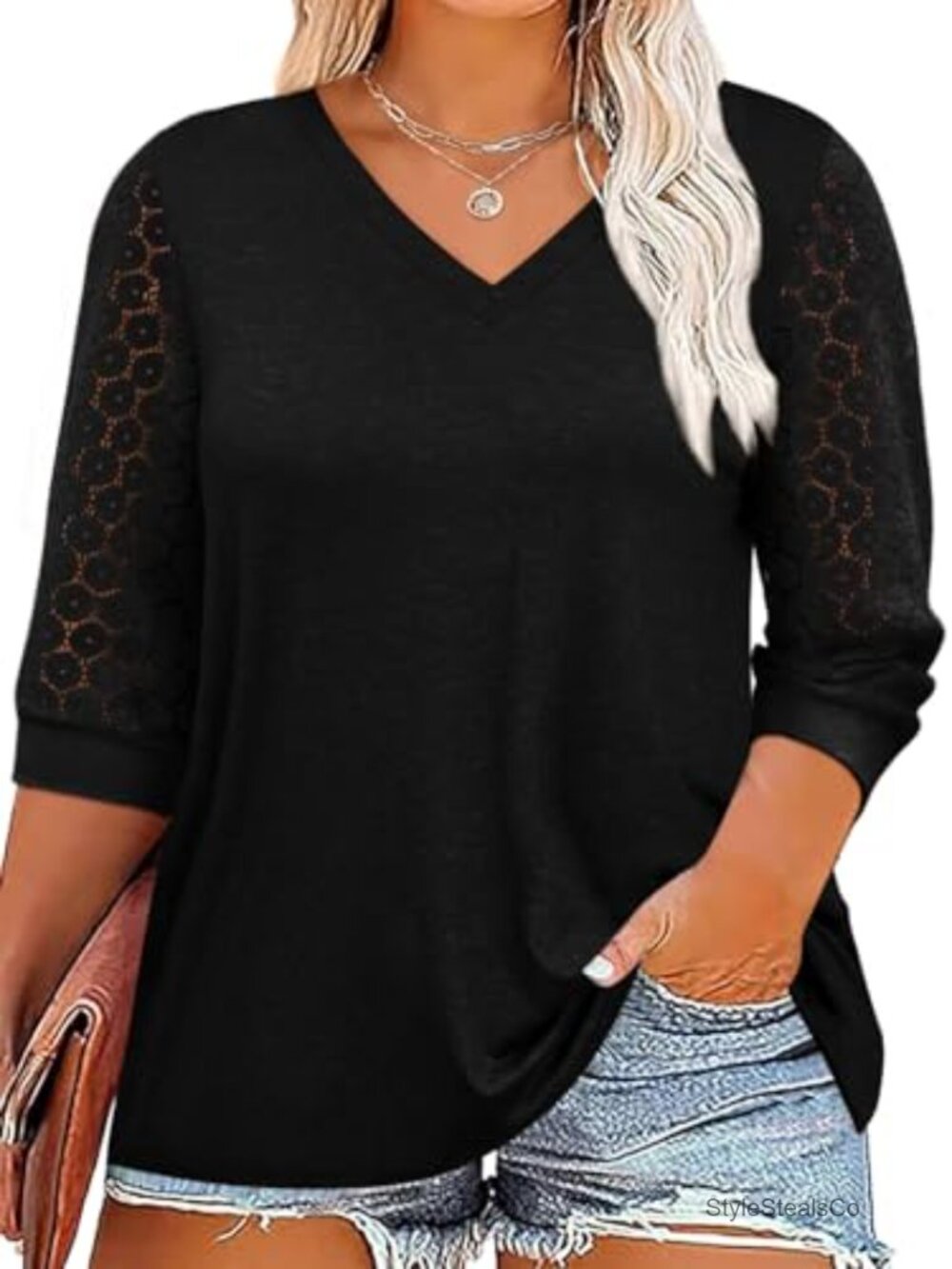 Plus Size 3/4 Lace Sleeve V Neck Tee Shirt Loose Fit Tunic Top